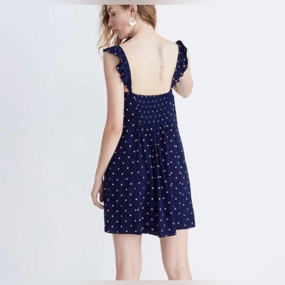 Madewell Women Blue Ruffle-Strap Button-Front Mini Dress Polka Dot Size 0 - Picture 3 of 7